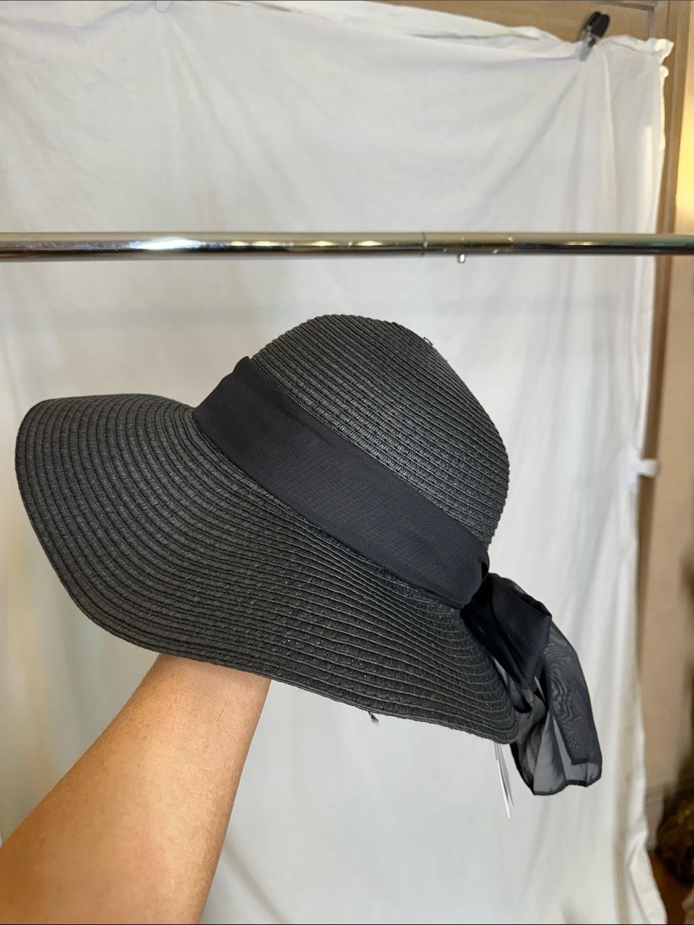 Black Wide-Brim Straw Sun Hat with Sheer Bow